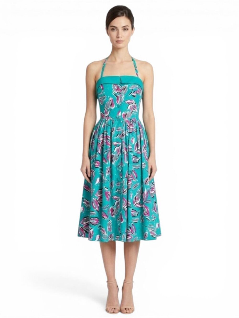 Laura Ashley Vintage Turquoise Pink Floral Halter Button Front Dress 14 = 4 / 6